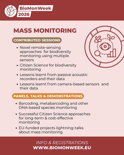 The mass monitoring session list •  EU-funded projects lightning-talks about mass monitoring* •  Novel remote-sensing approaches for biodiversity monitoring using multiple sensors** •  Citizen Science for biodiversity monitoring** •  Lessons learnt from passive acoustic recorders and their data** •  Lessons learnt from camera-based sensors and their data** •  Other** •  Barcoding, metabarcoding and other DNA-based species monitoring* •  Successful Citizen Science approaches for long-term & cost-effective monitoring*